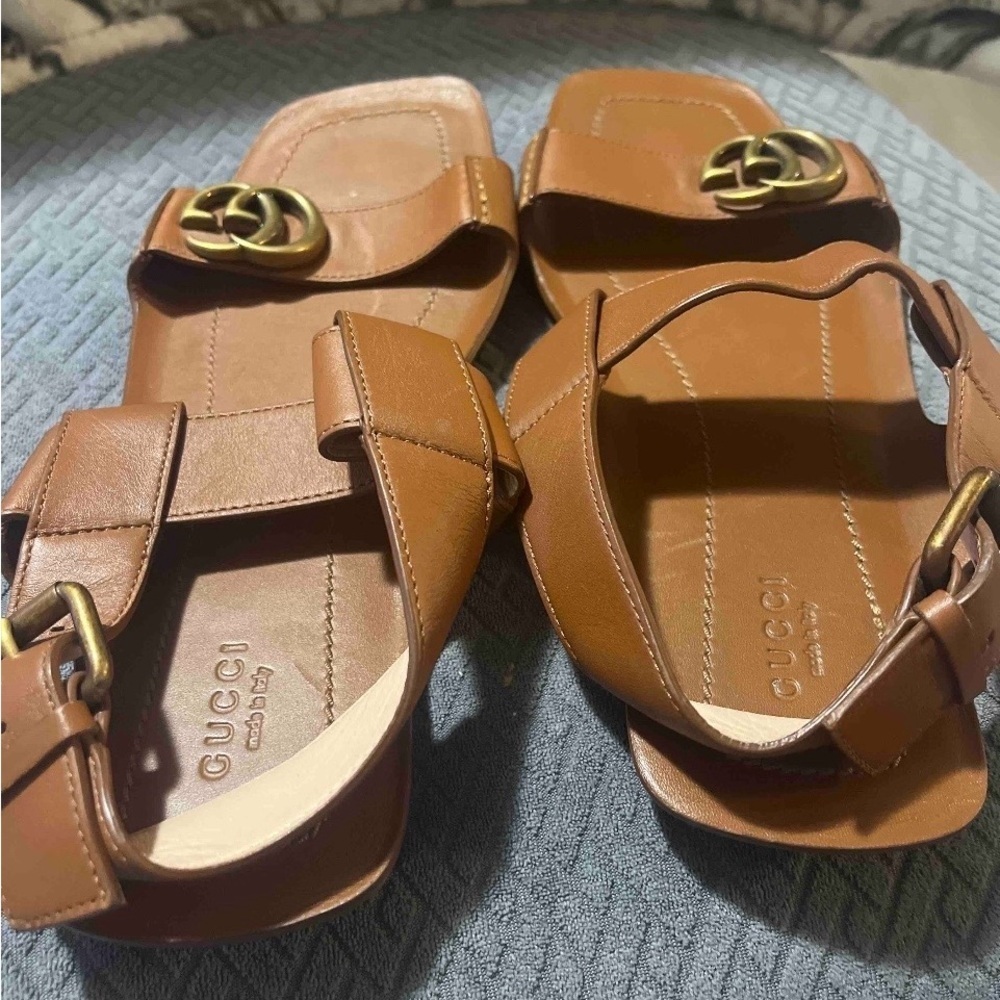 RARE SET Gucci Marmont Tan Leather Flat Sandals Size 39 / US 9 + Rainbow Dustbag - Picture 11 of 15